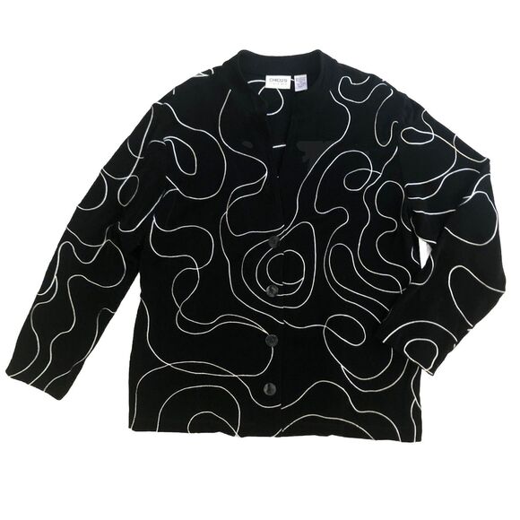 Chicos Travelers Jacket Womens Sz 3 XL Button Front Black White Embroidery Art - Picture 2 of 14